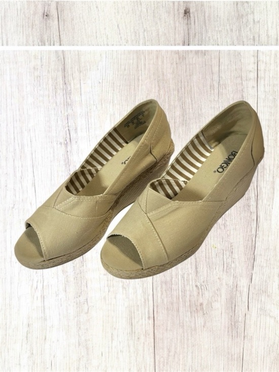BONGO Shoes - Bongo Peep Toe Espadrille Wedge Shoes Tan Canvas Boho Summer Size 9.5
